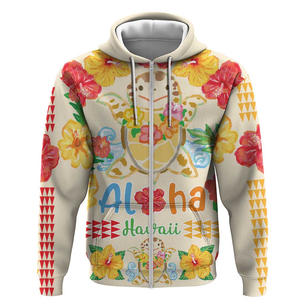 Kawaii Turtle Hoodie Aloha Hibiscus Flowers LT9 Zip Hoodie Beige - Polynesian Pride