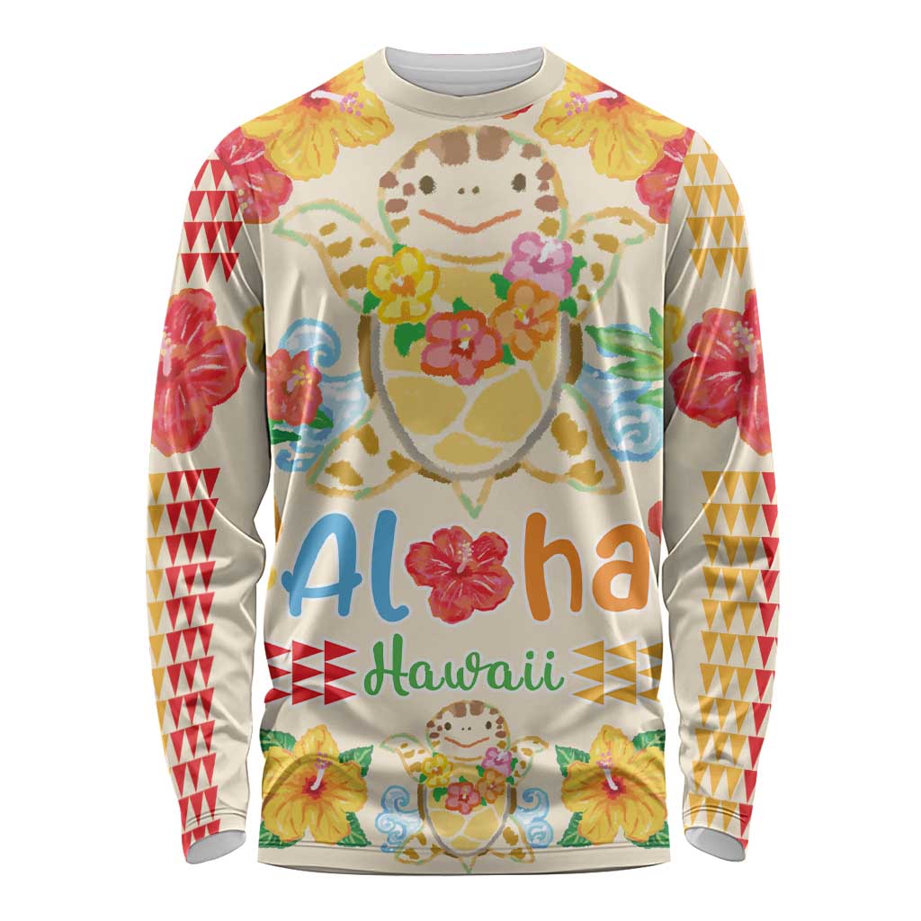 Kawaii Turtle Long Sleeve Shirt Aloha Hibiscus Flowers LT9 Unisex Beige - Polynesian Pride