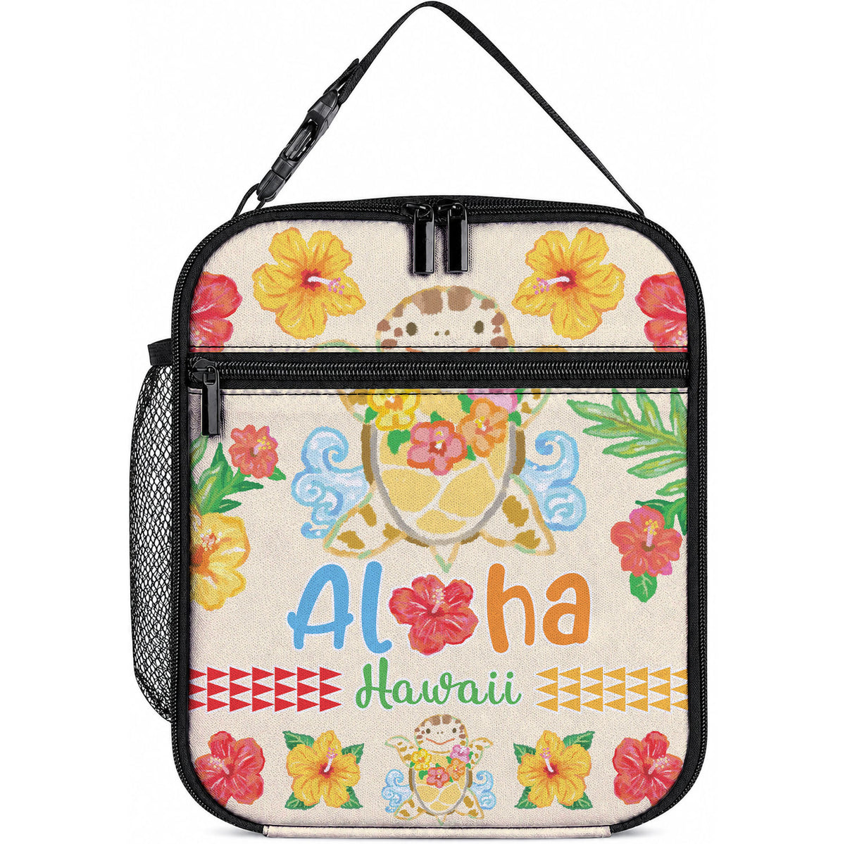 Kawaii Turtle Lunch Bag Aloha Hibiscus Flowers LT9 10.2 × 8.3 × 4.3 inch Beige - Polynesian Pride