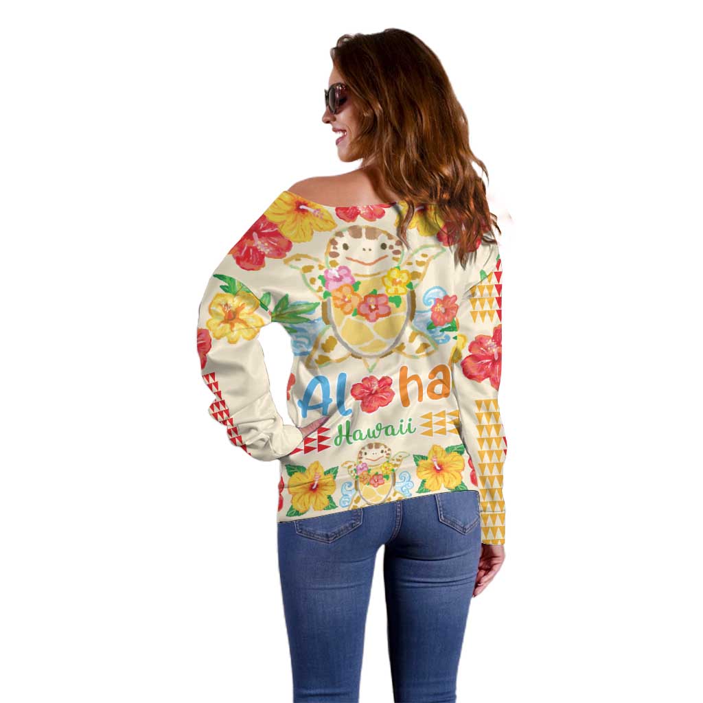 Kawaii Turtle Off Shoulder Sweater Aloha Hibiscus Flowers LT9 - Polynesian Pride