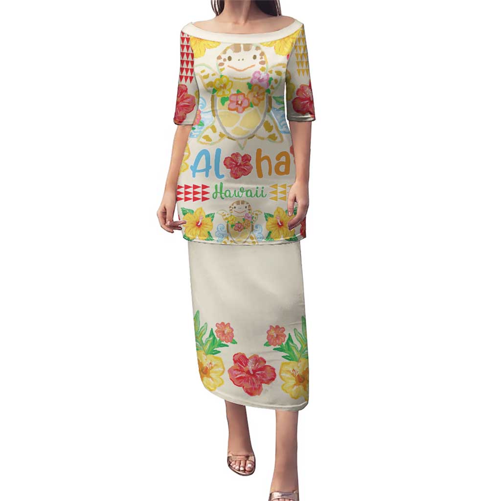 Kawaii Turtle Puletasi Aloha Hibiscus Flowers LT9 Long Dress Beige - Polynesian Pride