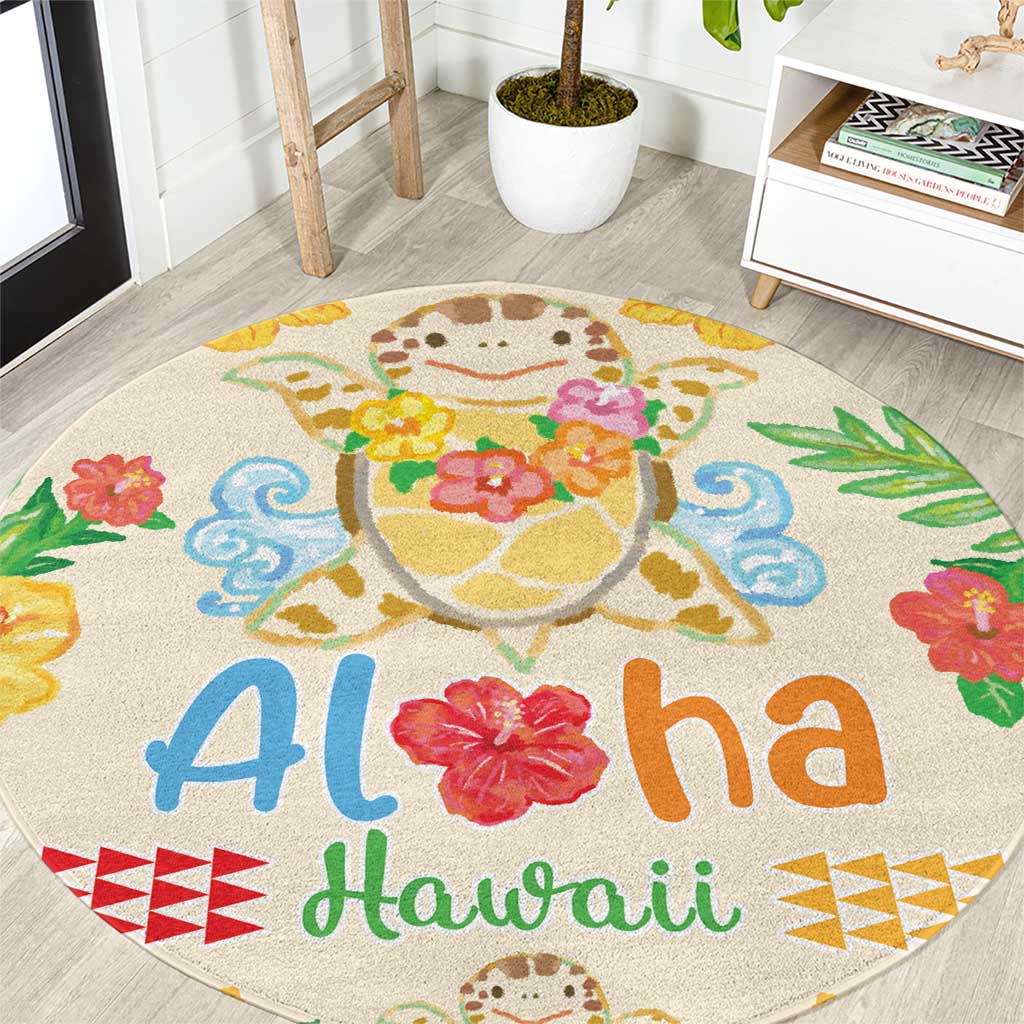 Kawaii Turtle Round Carpet Aloha Hibiscus Flowers LT9 Beige - Polynesian Pride
