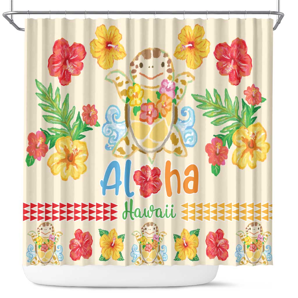 Kawaii Turtle Shower Curtain Aloha Hibiscus Flowers