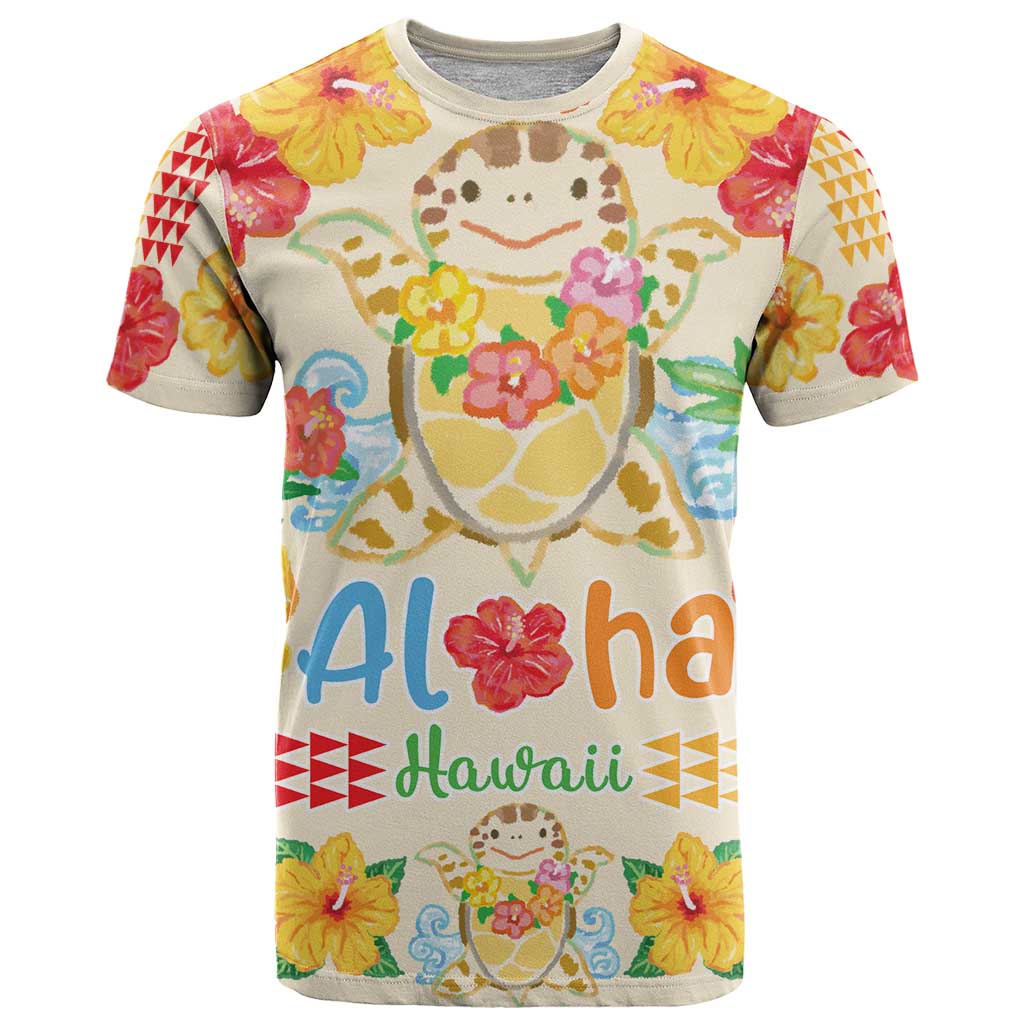 Kawaii Turtle T Shirt Aloha Hibiscus Flowers LT9 Beige - Polynesian Pride