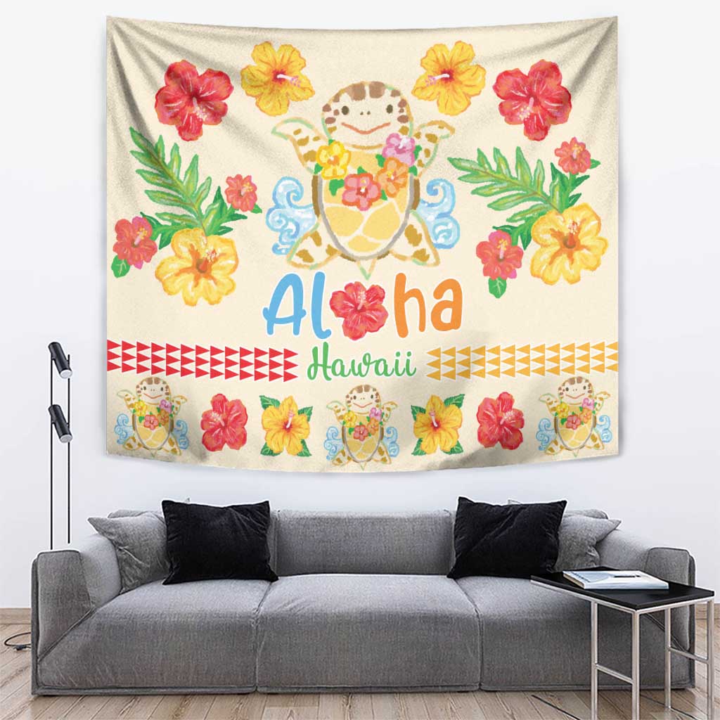 Kawaii Turtle Tapestry Aloha Hibiscus Flowers LT9 Beige - Polynesian Pride