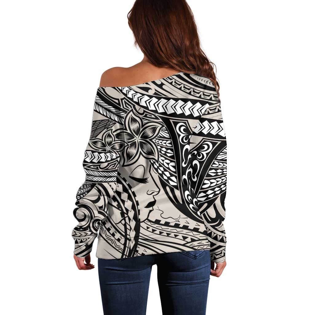 Polynesian Girl Tribal Tattoo Off Shoulder Sweater Beige Vibe LT9 - Polynesian Pride