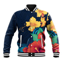 Polynesian Hibiscus Flower Waves Pattern Baseball Jacket LT9 Unisex Dark Blue - Polynesian Pride