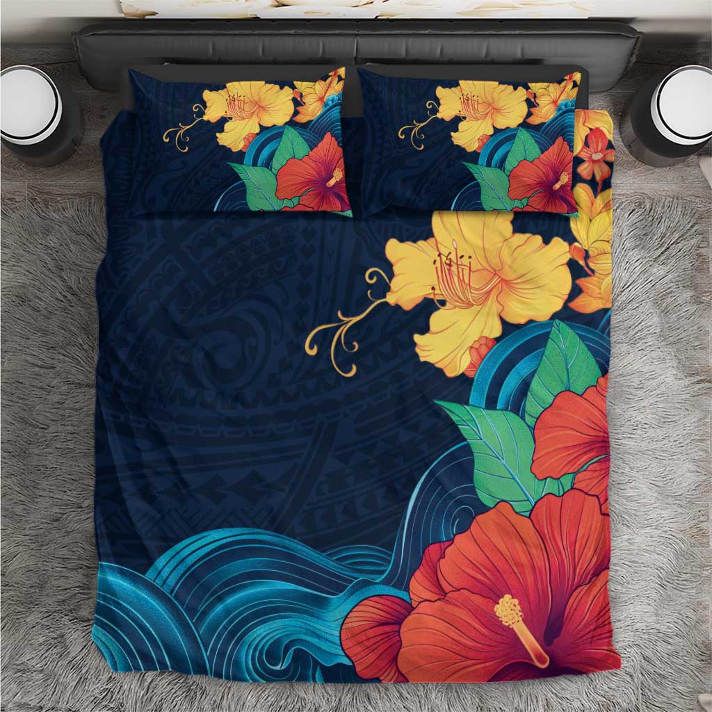 Polynesian Hibiscus Flower Waves Pattern Bedding Set LT9 Dark Blue - Polynesian Pride