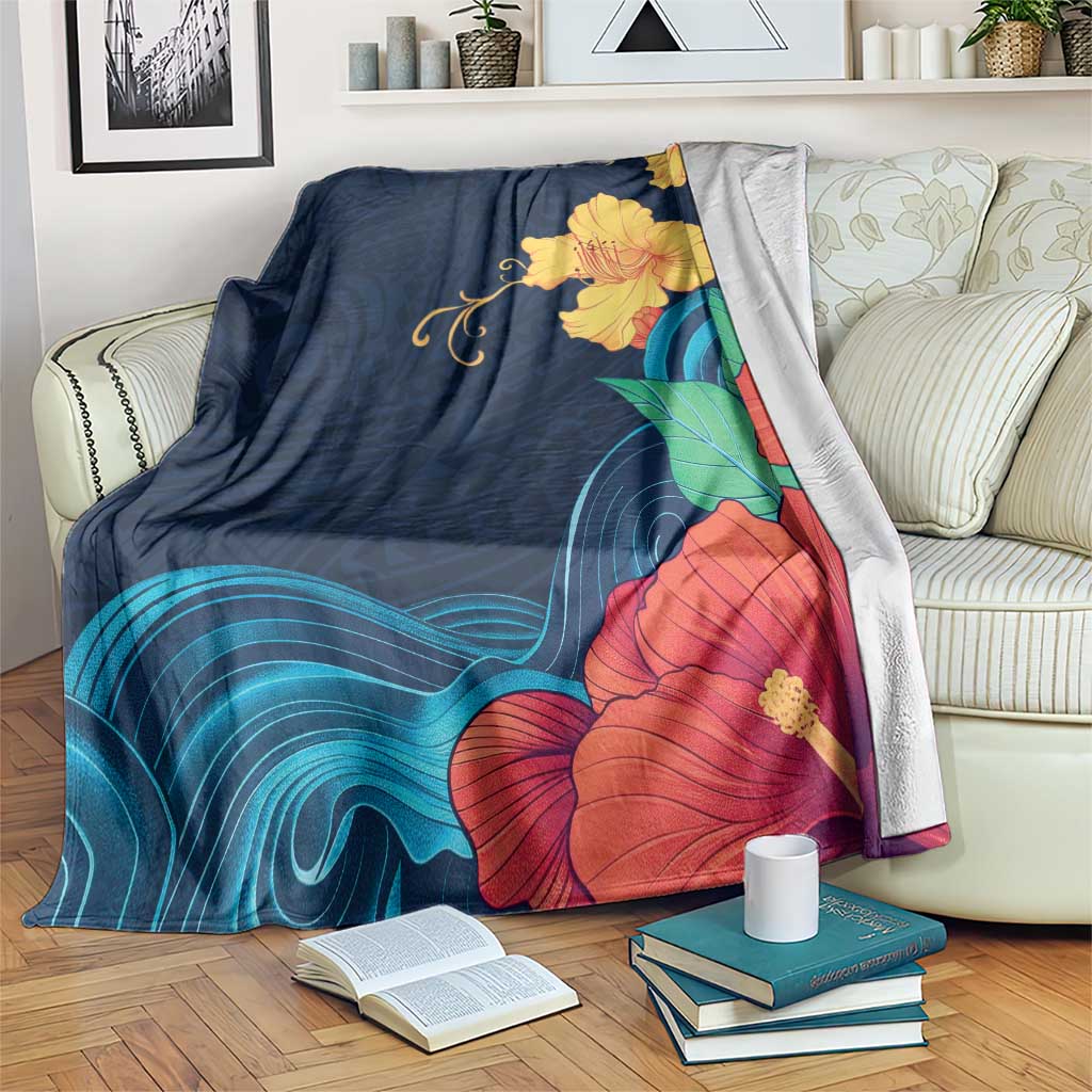 Polynesian Hibiscus Flower Waves Pattern Blanket LT9 Dark Blue - Polynesian Pride