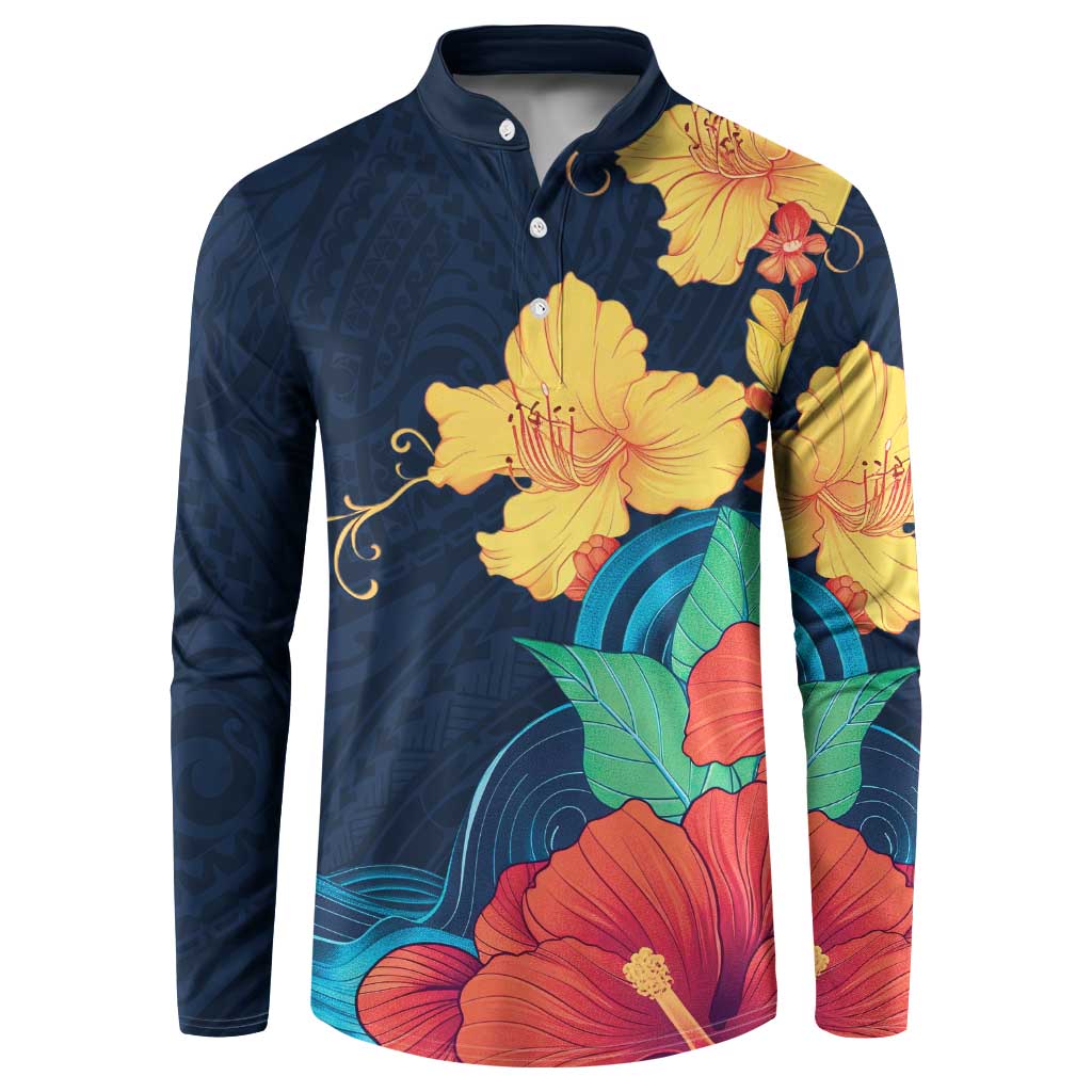 Polynesian Hibiscus Flower Waves Pattern Button Sweatshirt LT9 Dark Blue - Polynesian Pride