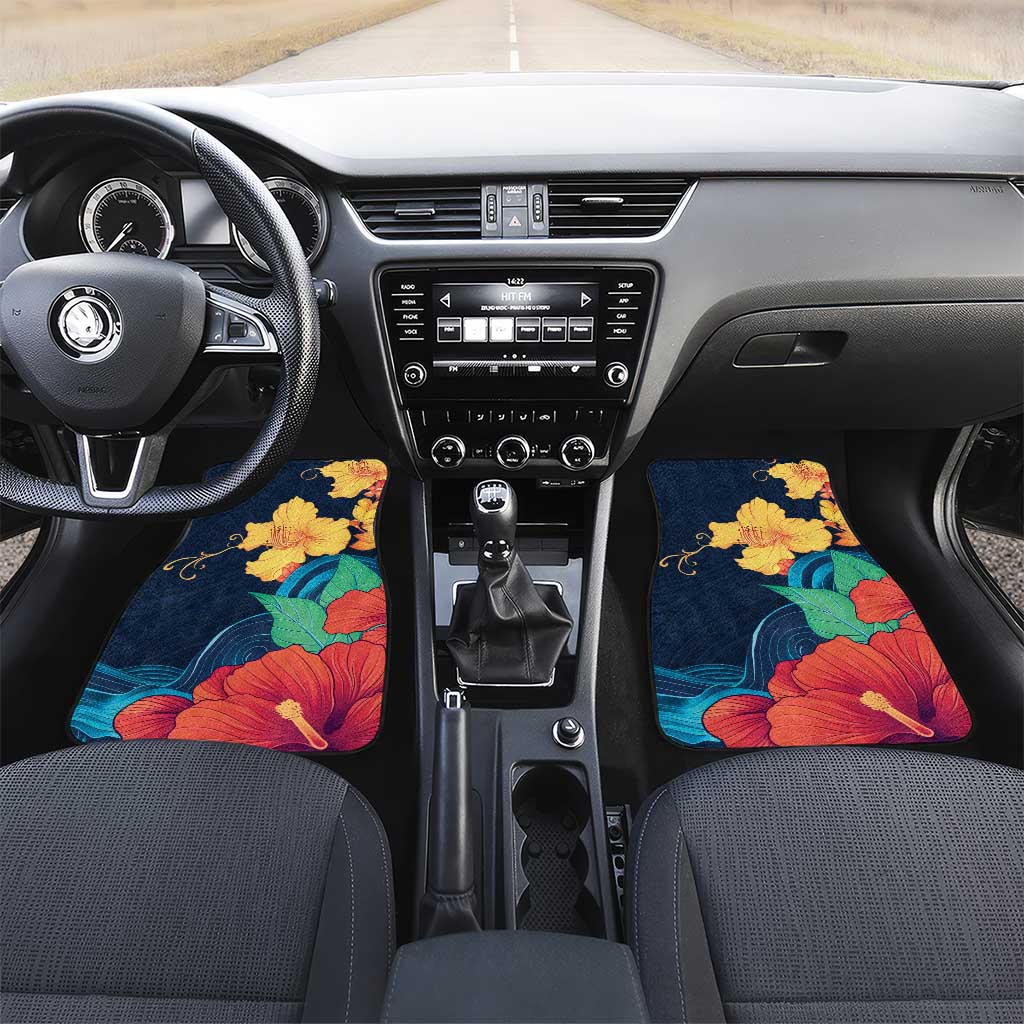 Polynesian Hibiscus Flower Waves Pattern Car Mats LT9 Set 2pcs - Front Dark Blue - Polynesian Pride