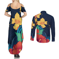 Polynesian Hibiscus Flower Waves Pattern Couples Matching Summer Maxi Dress and Long Sleeve Button Shirt LT9 - Polynesian Pride