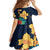 Polynesian Hibiscus Flower Waves Pattern Family Matching Off Shoulder Short Dress and Hawaiian Shirt