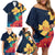 Polynesian Hibiscus Flower Waves Pattern Family Matching Off Shoulder Short Dress and Hawaiian Shirt