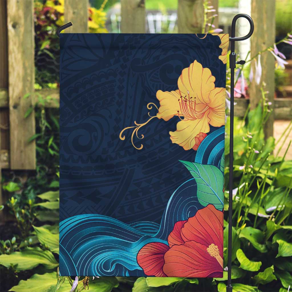 Polynesian Hibiscus Flower Waves Pattern Garden Flag LT9 Garden Flag Dark Blue - Polynesian Pride