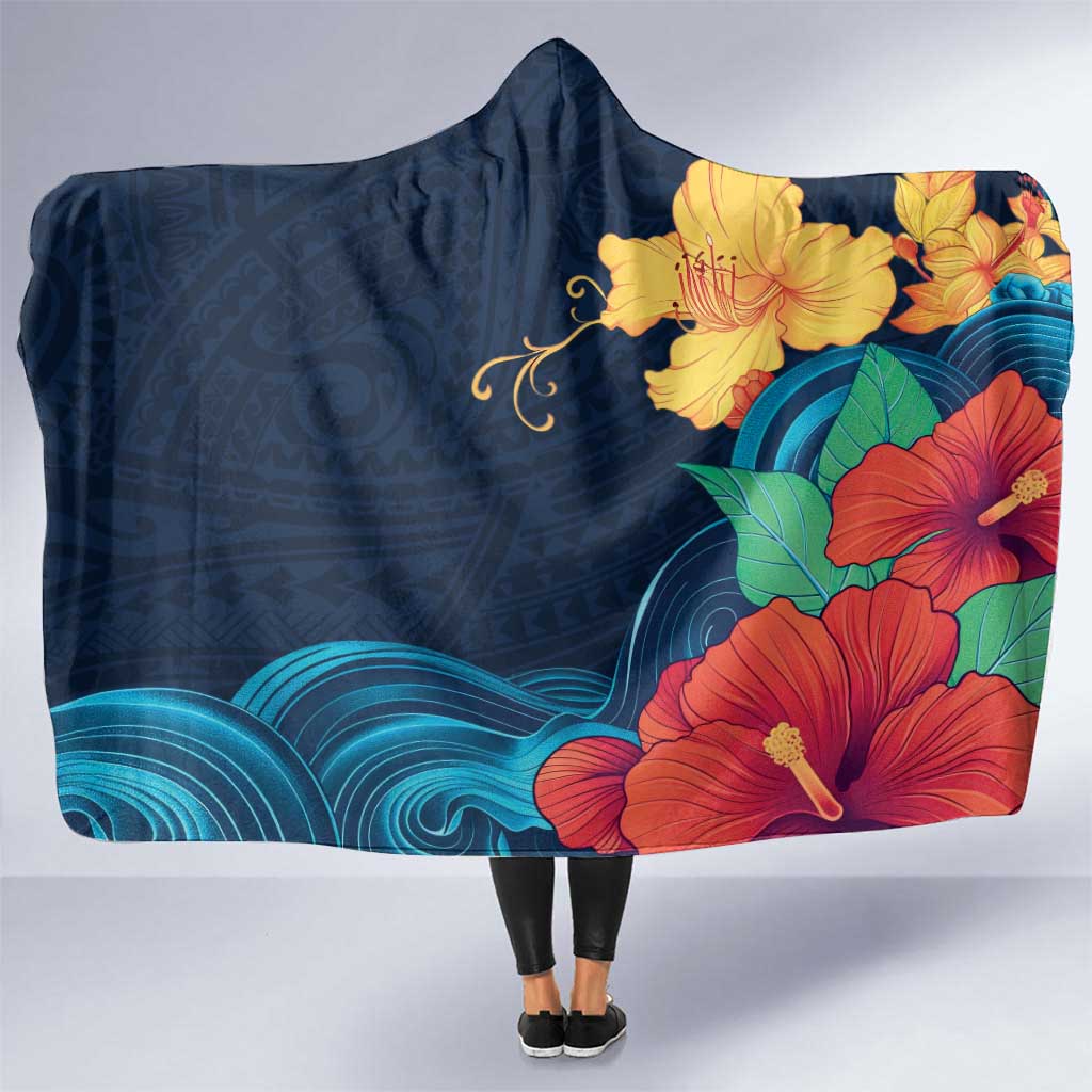 Polynesian Hibiscus Flower Waves Pattern Hooded Blanket LT9 One Size Dark Blue - Polynesian Pride
