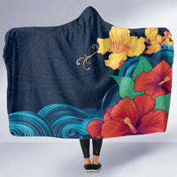 Polynesian Hibiscus Flower Waves Pattern Hooded Blanket LT9 One Size Dark Blue - Polynesian Pride