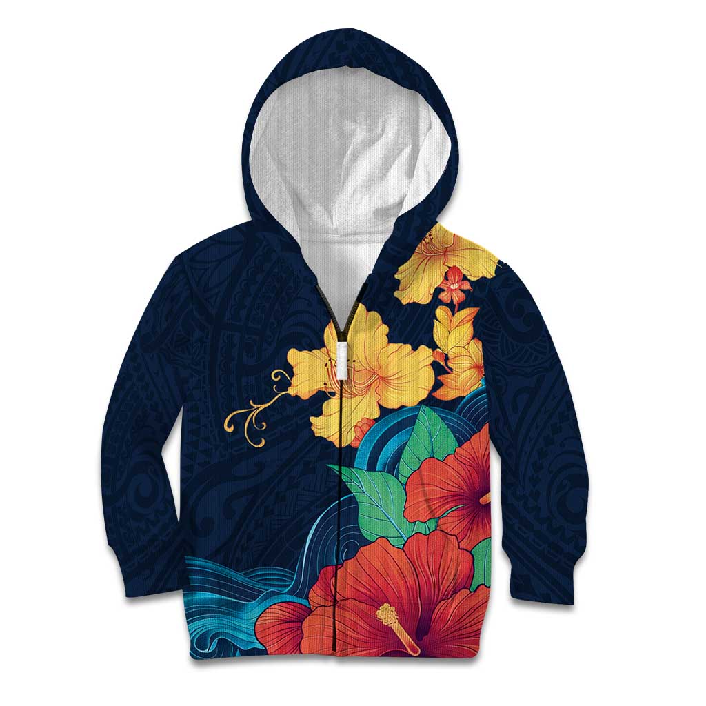 Polynesian Hibiscus Flower Waves Pattern Kid Hoodie LT9 Zip Hoodie Dark Blue - Polynesian Pride