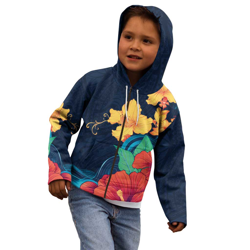 Polynesian Hibiscus Flower Waves Pattern Kid Hoodie LT9 - Polynesian Pride