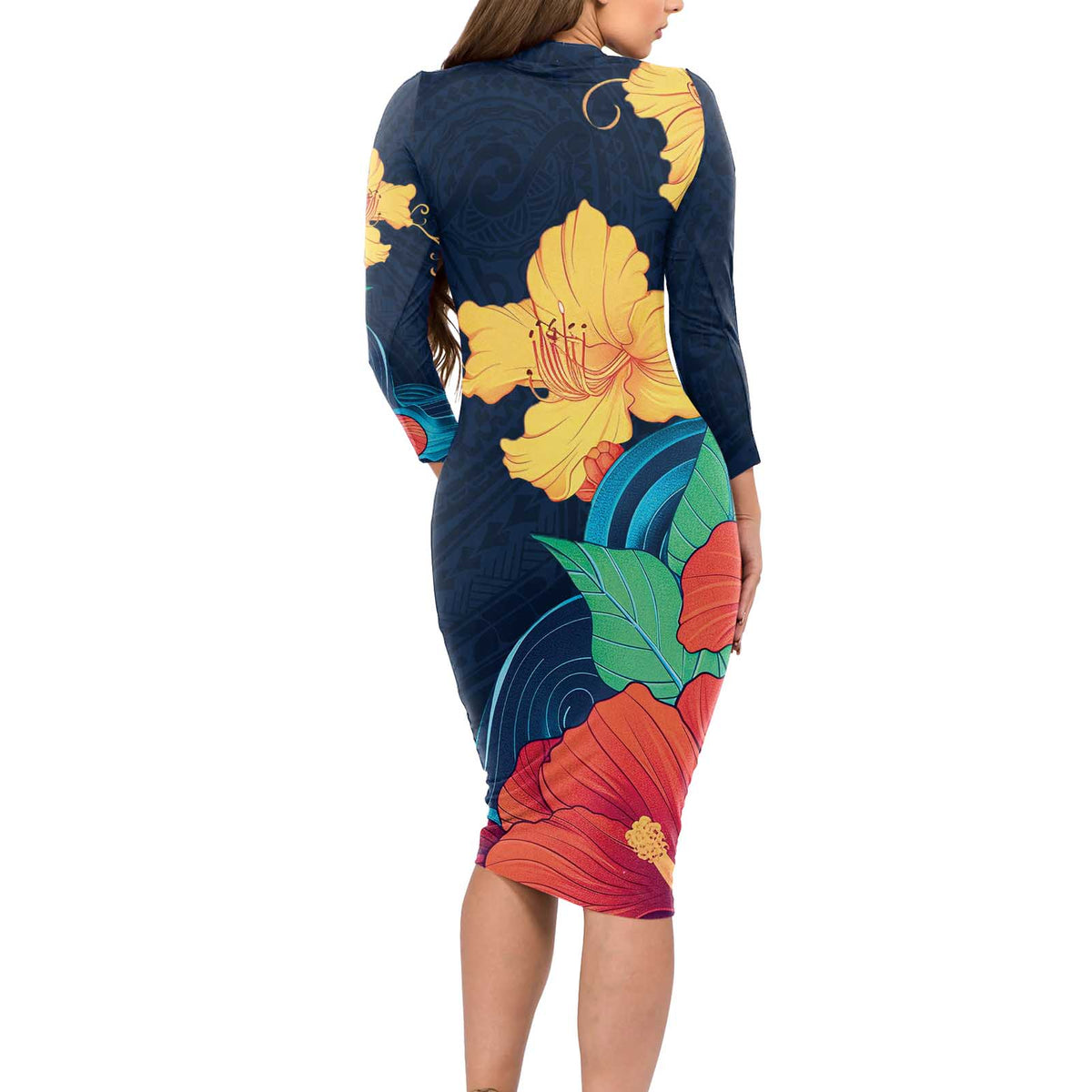 Polynesian Hibiscus Flower Waves Pattern Long Sleeve Bodycon Dress LT9 - Polynesian Pride