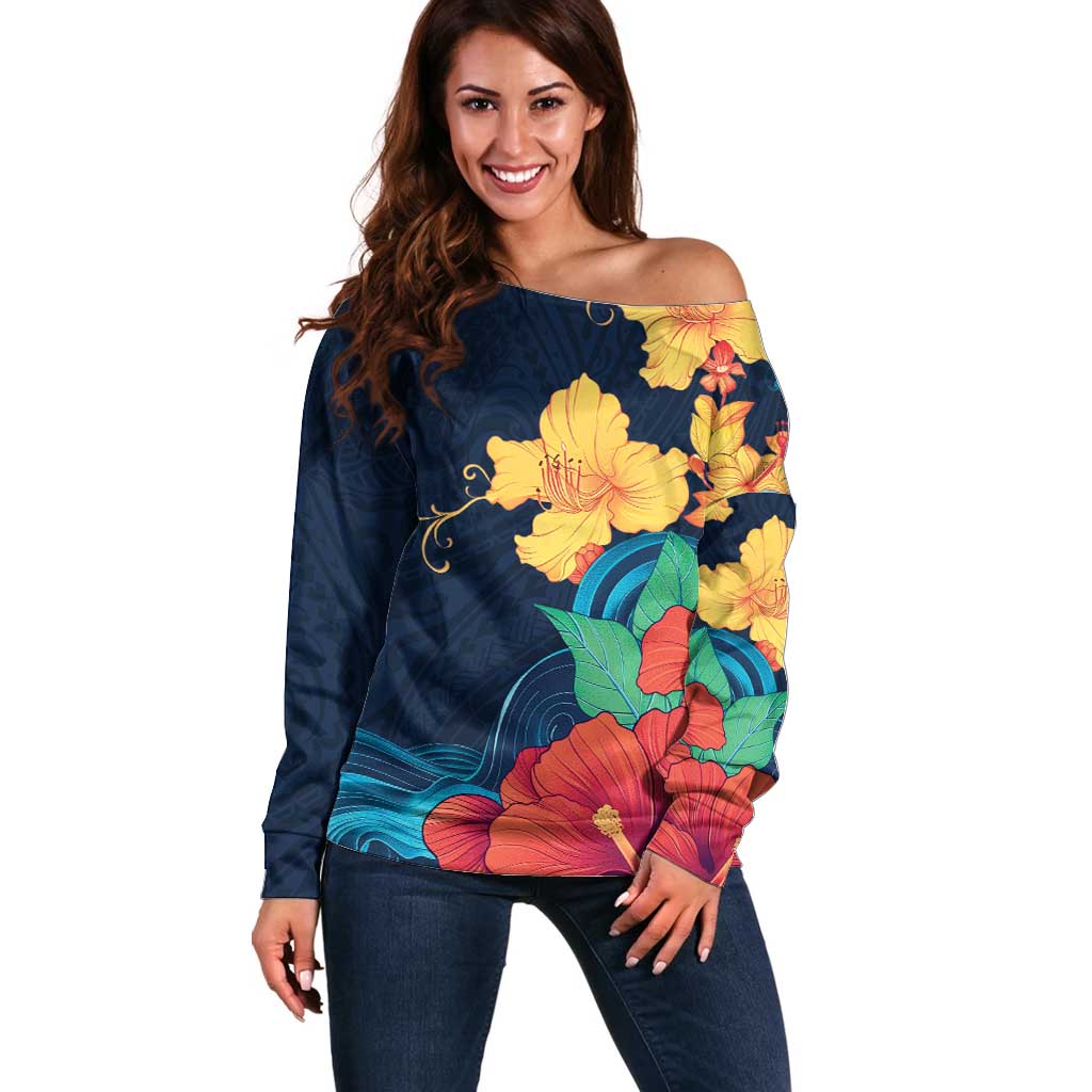 Polynesian Hibiscus Flower Waves Pattern Off Shoulder Sweater LT9 Women Dark Blue - Polynesian Pride