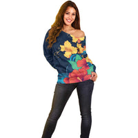 Polynesian Hibiscus Flower Waves Pattern Off Shoulder Sweater LT9 - Polynesian Pride