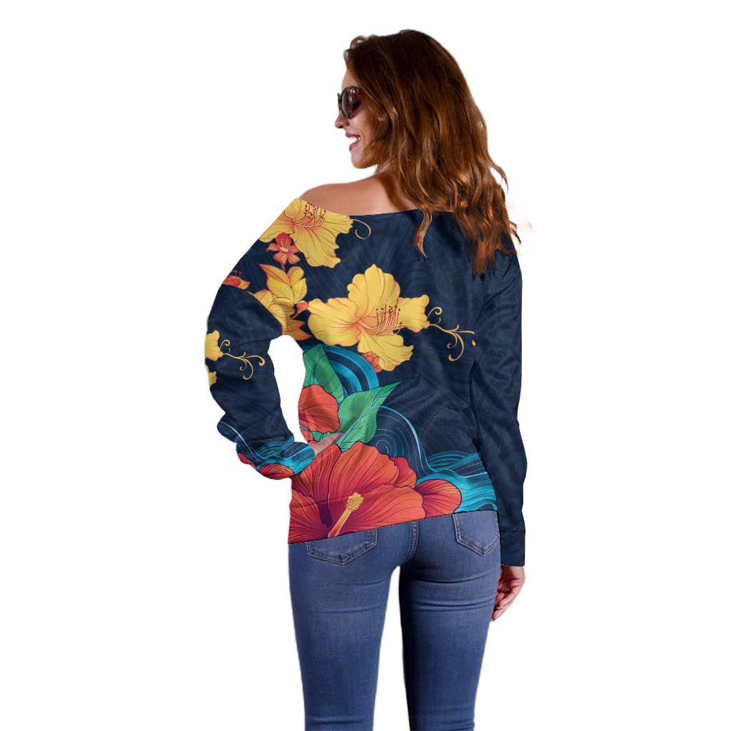 Polynesian Hibiscus Flower Waves Pattern Off Shoulder Sweater LT9 - Polynesian Pride