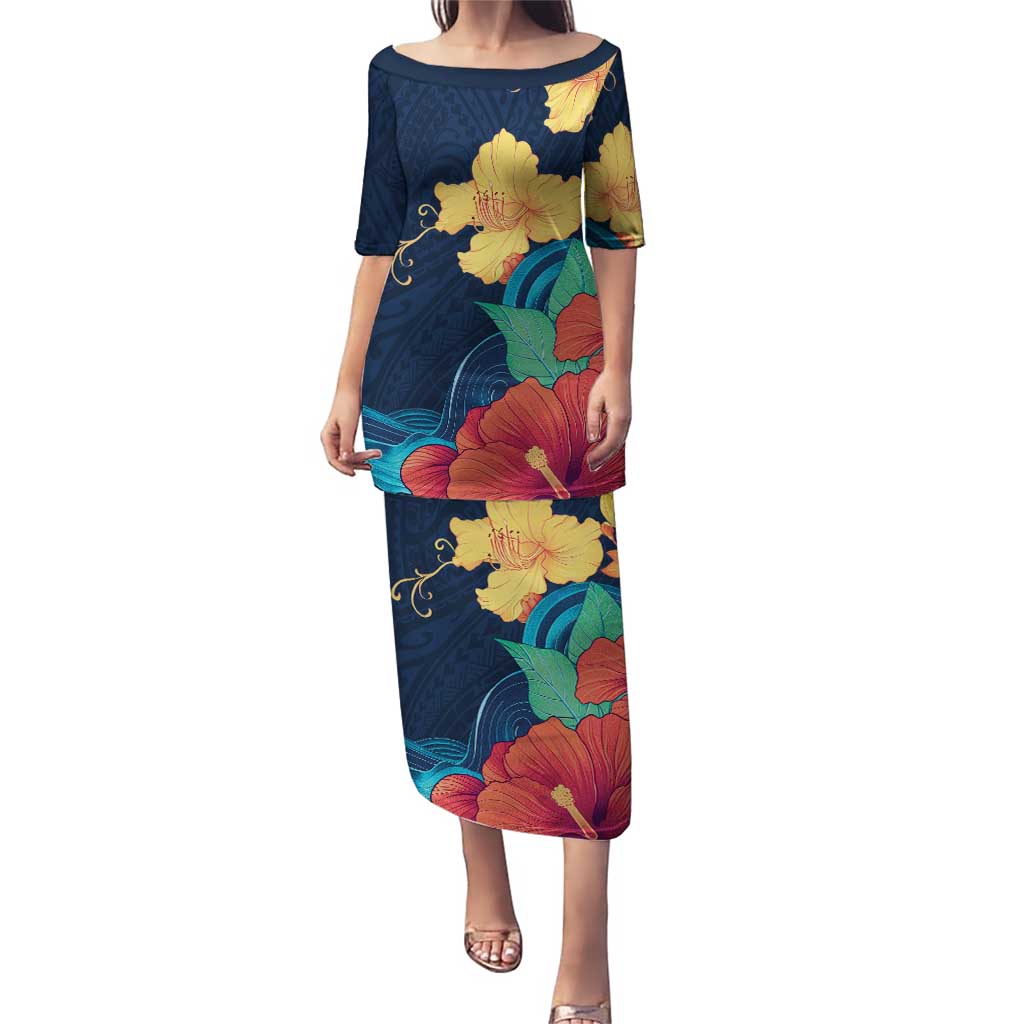 Polynesian Hibiscus Flower Waves Pattern Puletasi LT9 Long Dress Dark Blue - Polynesian Pride