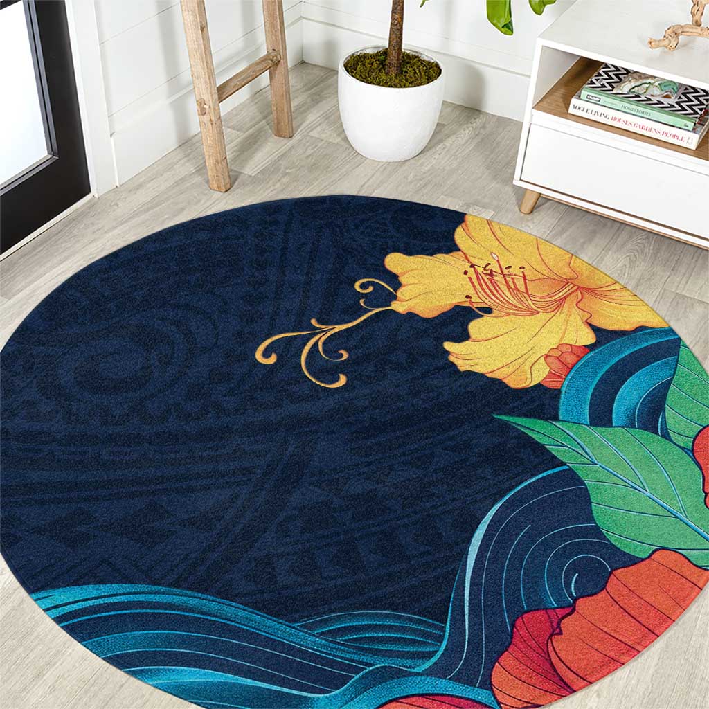 Polynesian Hibiscus Flower Waves Pattern Round Carpet LT9 Dark Blue - Polynesian Pride
