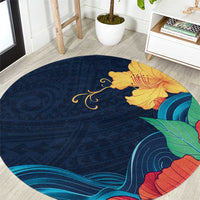 Polynesian Hibiscus Flower Waves Pattern Round Carpet LT9 Dark Blue - Polynesian Pride