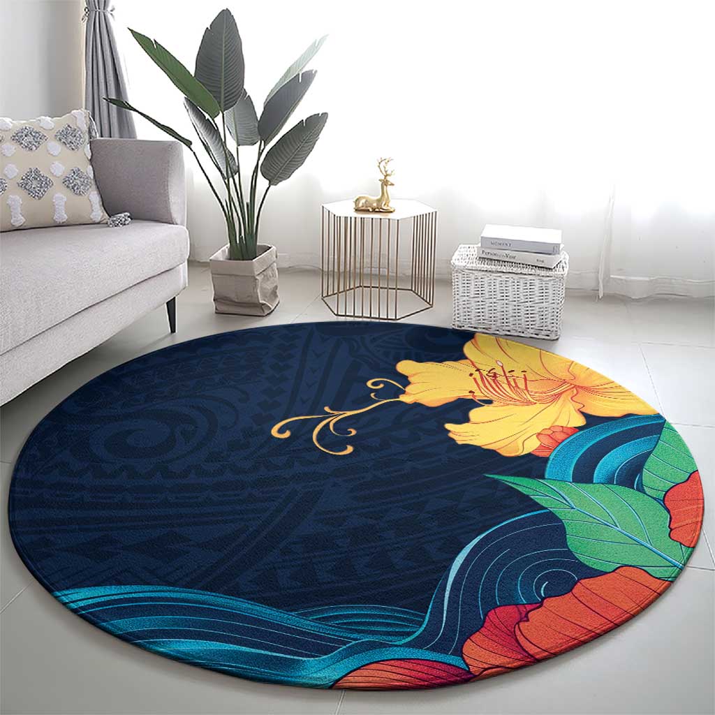 Polynesian Hibiscus Flower Waves Pattern Round Carpet LT9 - Polynesian Pride