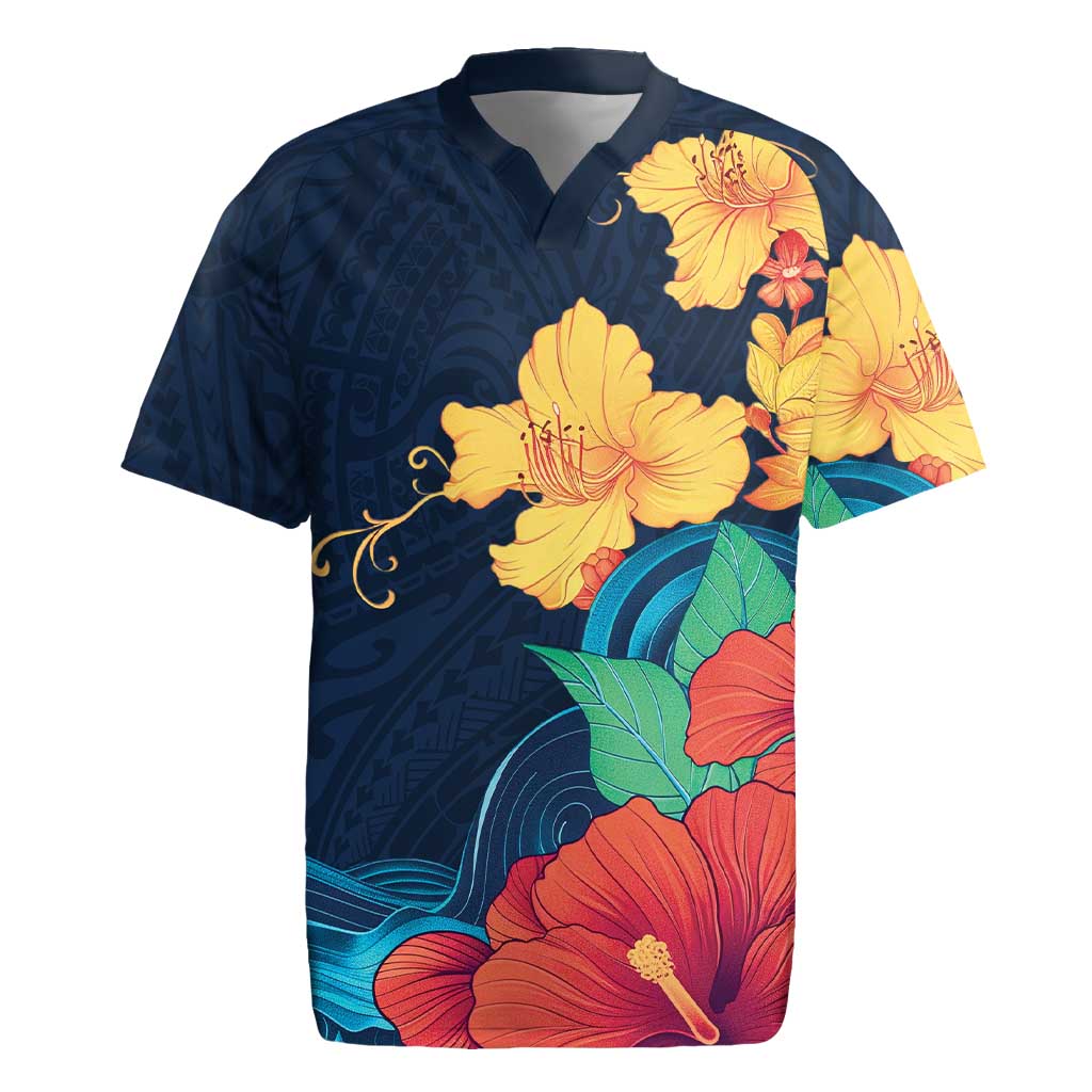 Polynesian Hibiscus Flower Waves Pattern Rugby Jersey LT9 Dark Blue - Polynesian Pride