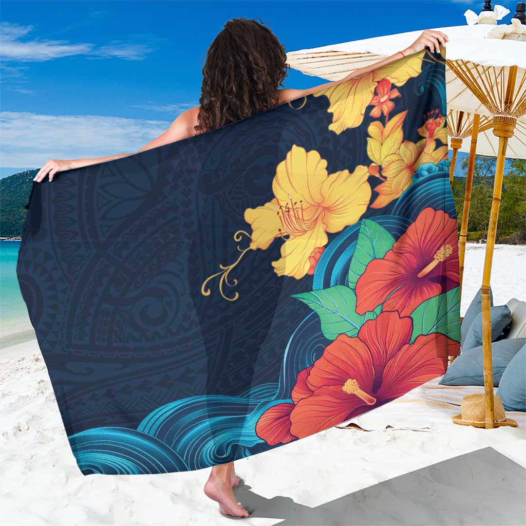 Polynesian Hibiscus Flower Waves Pattern Sarong LT9 One Size 44 x 66 inches Dark Blue - Polynesian Pride