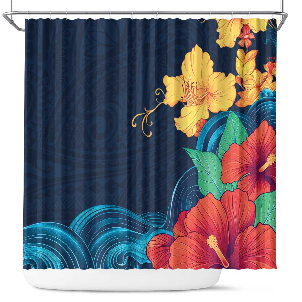 Polynesian Hibiscus Flower Waves Pattern Shower Curtain