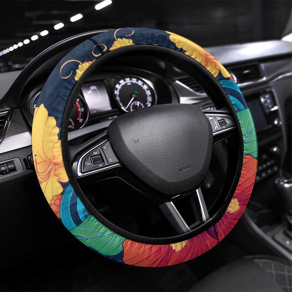 Polynesian Hibiscus Flower Waves Pattern Steering Wheel Cover