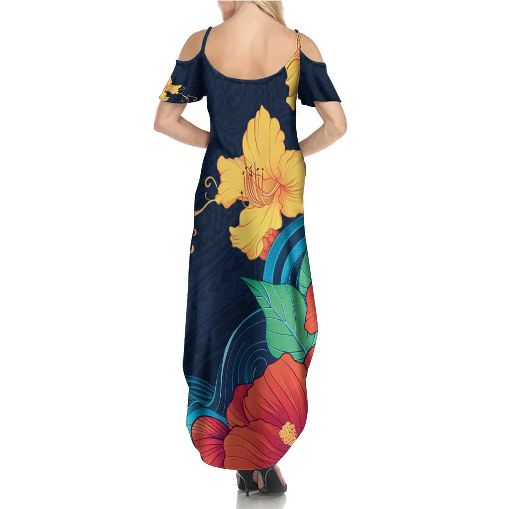 Polynesian Hibiscus Flower Waves Pattern Summer Maxi Dress LT9 - Polynesian Pride