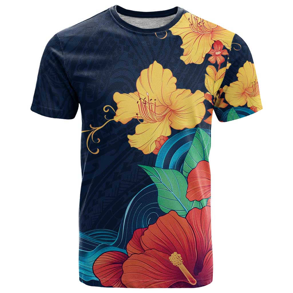 Polynesian Hibiscus Flower Waves Pattern T Shirt LT9 Dark Blue - Polynesian Pride