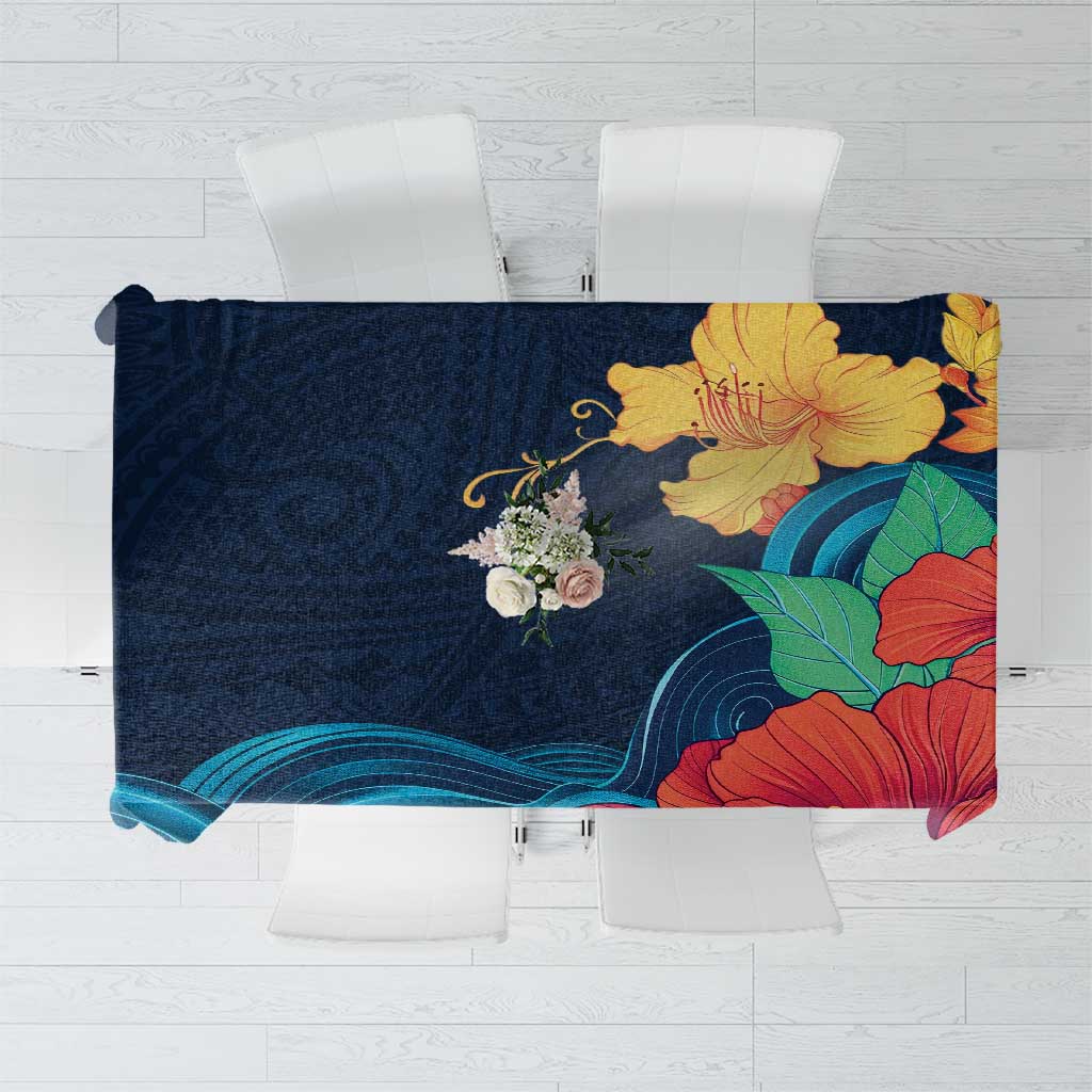 Polynesian Hibiscus Flower Waves Pattern Tablecloth LT9 Dark Blue - Polynesian Pride
