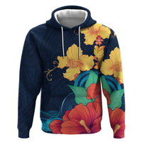Polynesian Hibiscus Flower Waves Pattern Zip Hoodie LT9 Pullover Hoodie Dark Blue - Polynesian Pride