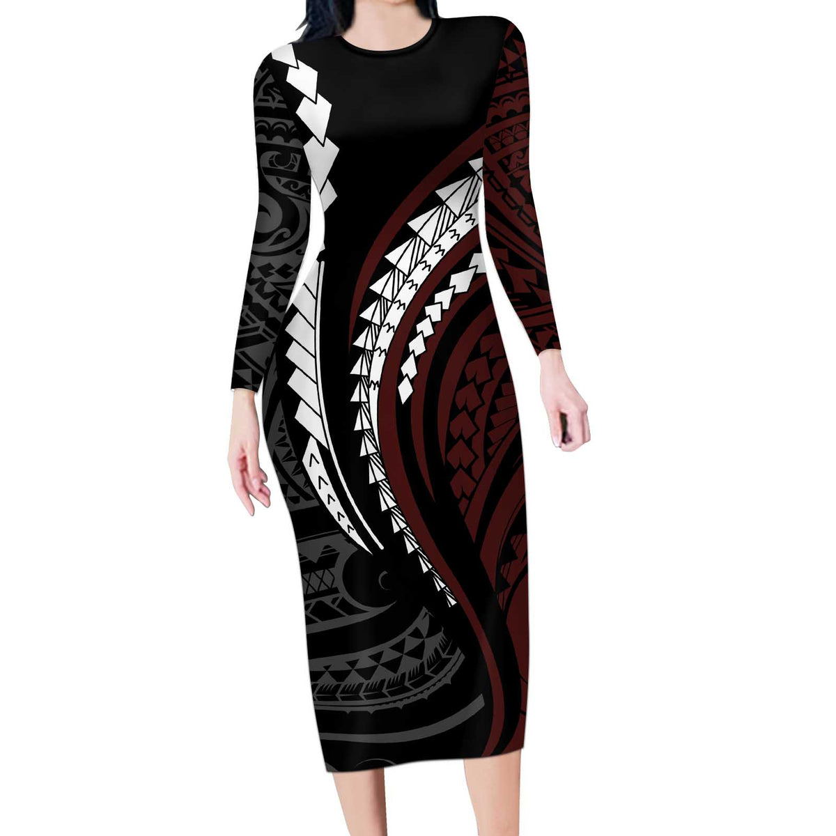 Polynesian Oxblood Line Art Tribal Tattoo Long Sleeve Bodycon Dress LT9 Long Dress Beige - Polynesian Pride