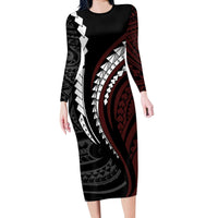 Polynesian Oxblood Line Art Tribal Tattoo Long Sleeve Bodycon Dress LT9 Long Dress Beige - Polynesian Pride