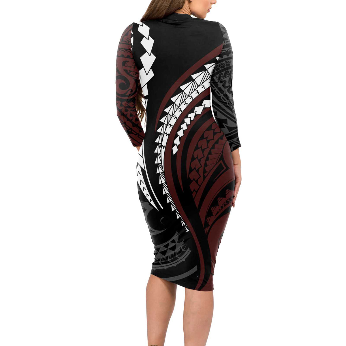 Polynesian Oxblood Line Art Tribal Tattoo Long Sleeve Bodycon Dress LT9 - Polynesian Pride
