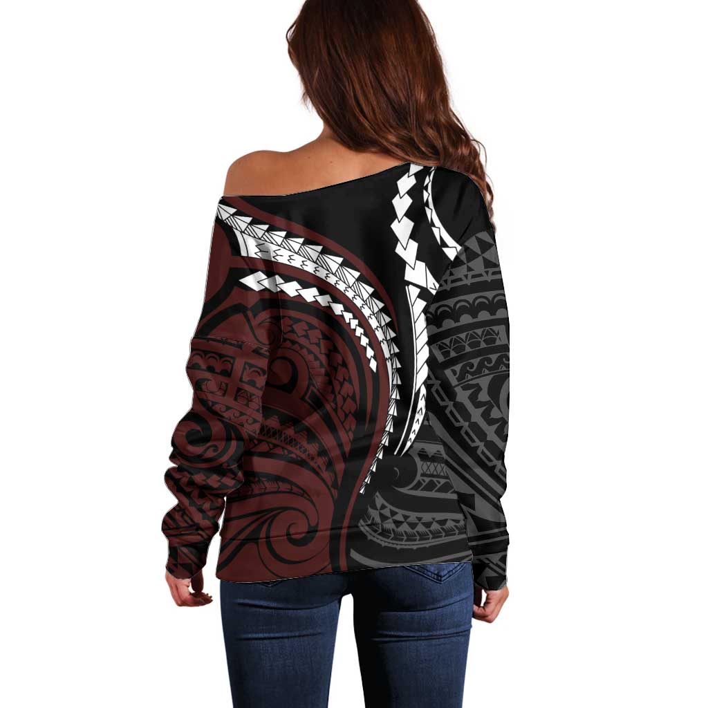 Polynesian Oxblood Line Art Tribal Tattoo Off Shoulder Sweater LT9 - Polynesian Pride