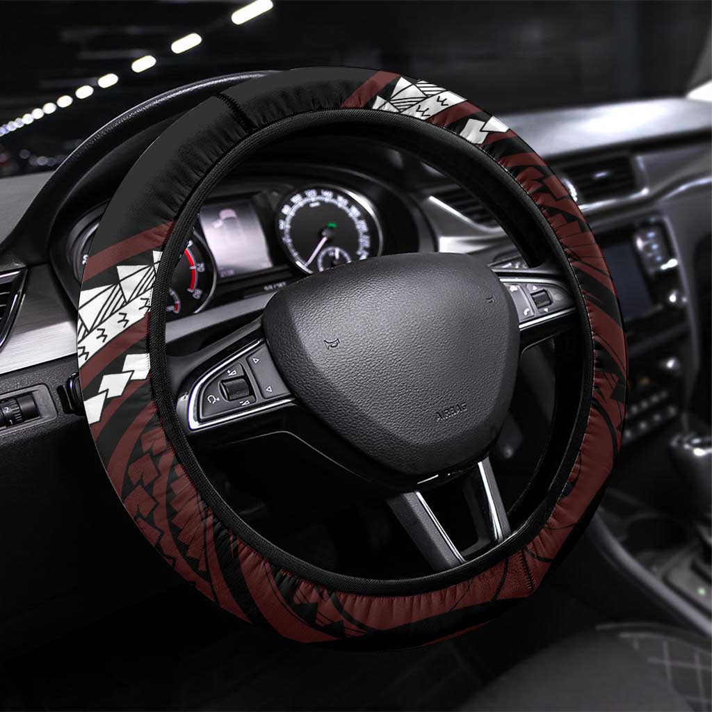 Polynesian Oxblood Line Art Tribal Tattoo Steering Wheel Cover