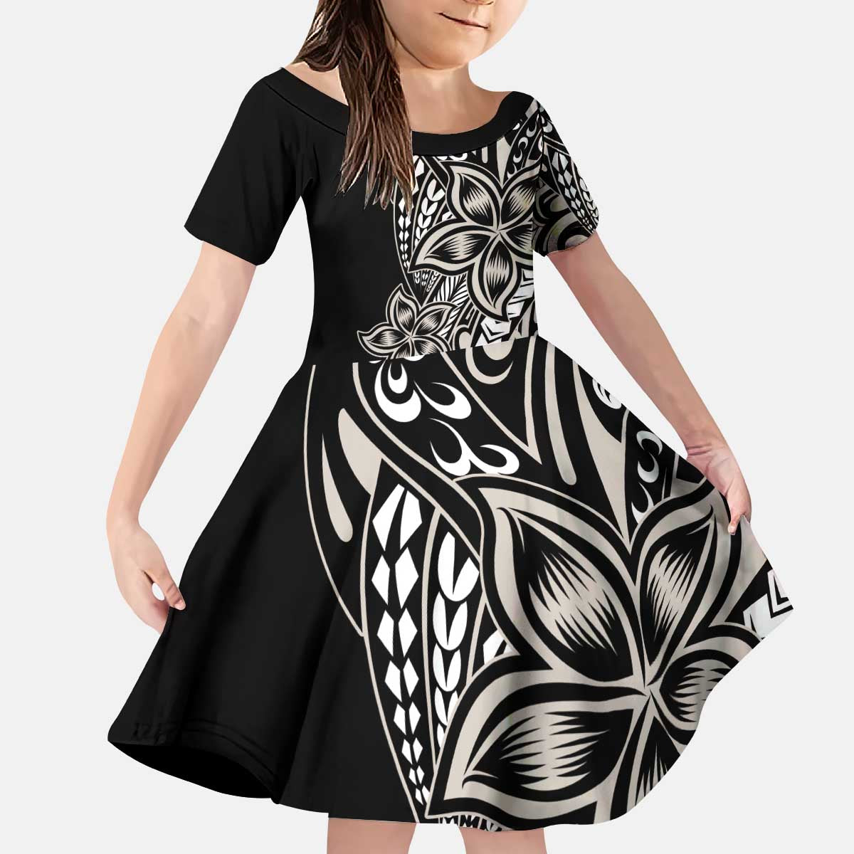Polynesian Plumeria Floral Tattoo Pattern Kid Short Sleeve Dress Beige Style LT9 KID Beige - Polynesian Pride
