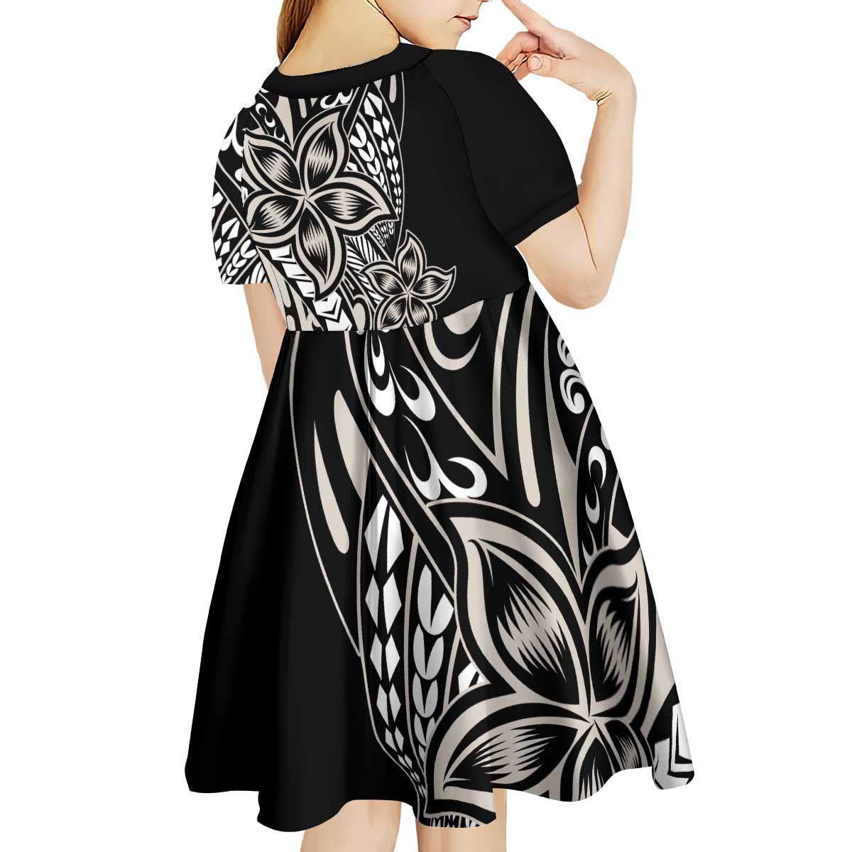 Polynesian Plumeria Floral Tattoo Pattern Kid Short Sleeve Dress Beige Style LT9 - Polynesian Pride
