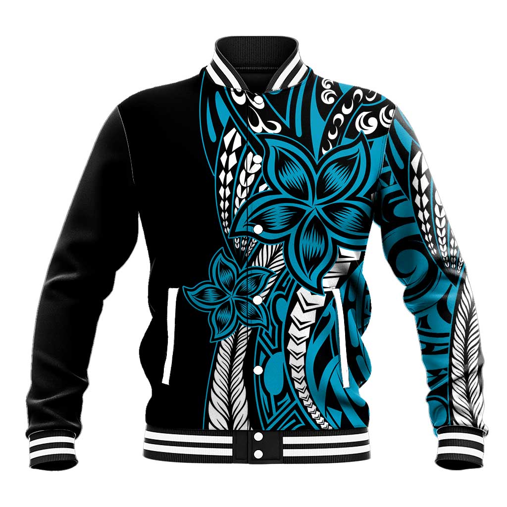 Polynesian Plumeria Floral Tattoo Pattern Baseball Jacket Blue Style LT9 Unisex Blue - Polynesian Pride