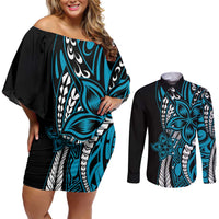 Polynesian Plumeria Floral Tattoo Pattern Couples Matching Off Shoulder Short Dress and Long Sleeve Button Shirt Blue Style LT9 Blue - Polynesian Pride