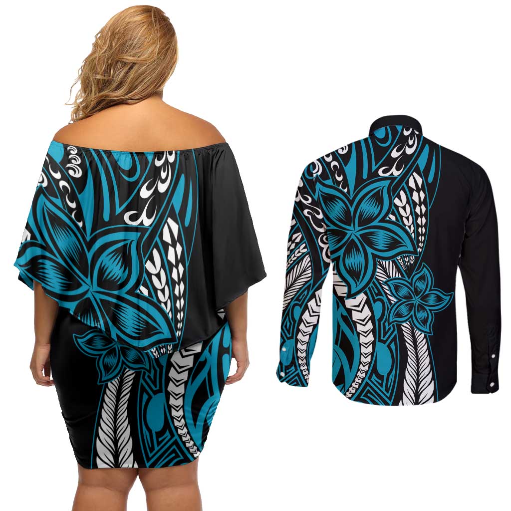 Polynesian Plumeria Floral Tattoo Pattern Couples Matching Off Shoulder Short Dress and Long Sleeve Button Shirt Blue Style LT9 - Polynesian Pride