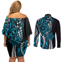 Polynesian Plumeria Floral Tattoo Pattern Couples Matching Off Shoulder Short Dress and Long Sleeve Button Shirt Blue Style LT9 - Polynesian Pride